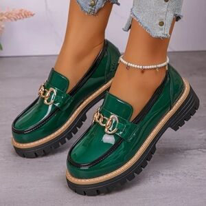 Green Round Toe Platform Loafers